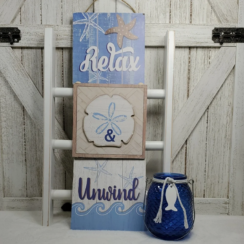 Beach Relax & Unwind Wall Decor Sign & Blue Candle Holder Bottle